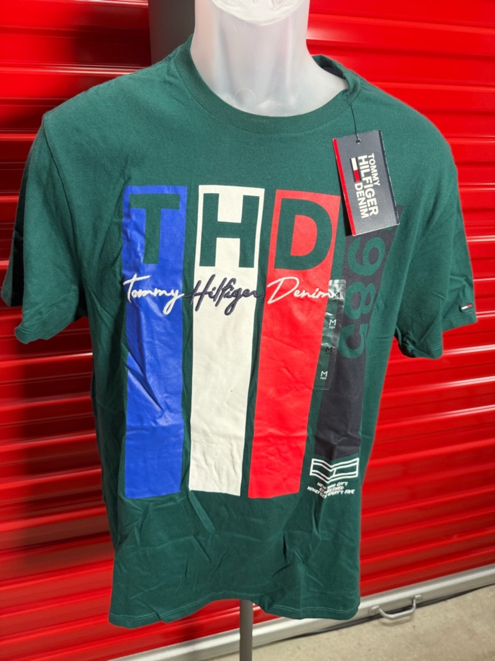 Tommy Hilfiger Green Short-Sleeve Graphic Tee with Blue White Red Panels